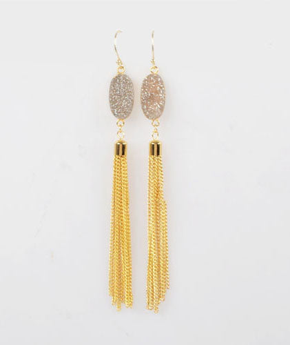 Oval Champagne Druzy Agate Drop Tassle Earrings