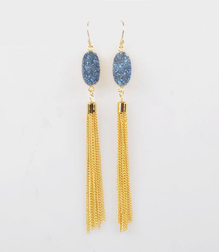 Oval Blue Druzy Agate Drop Tassle Earrings